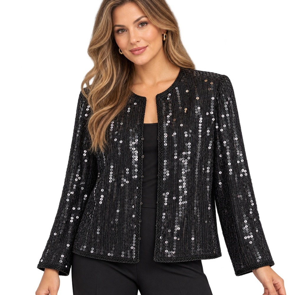 VINTAGE Stenay Womens S Black Silk Sequin Beaded Evening Jacket Formal